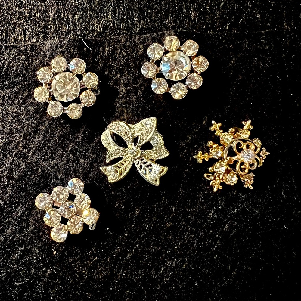 Mini Brooches, Lot of 5 Vintage & Antique Rhinestone Pins